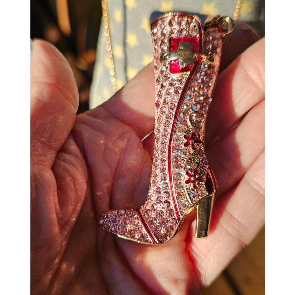 Gold Tone Betsey Johnson Pink Rhinestone Boot Pendant Necklace